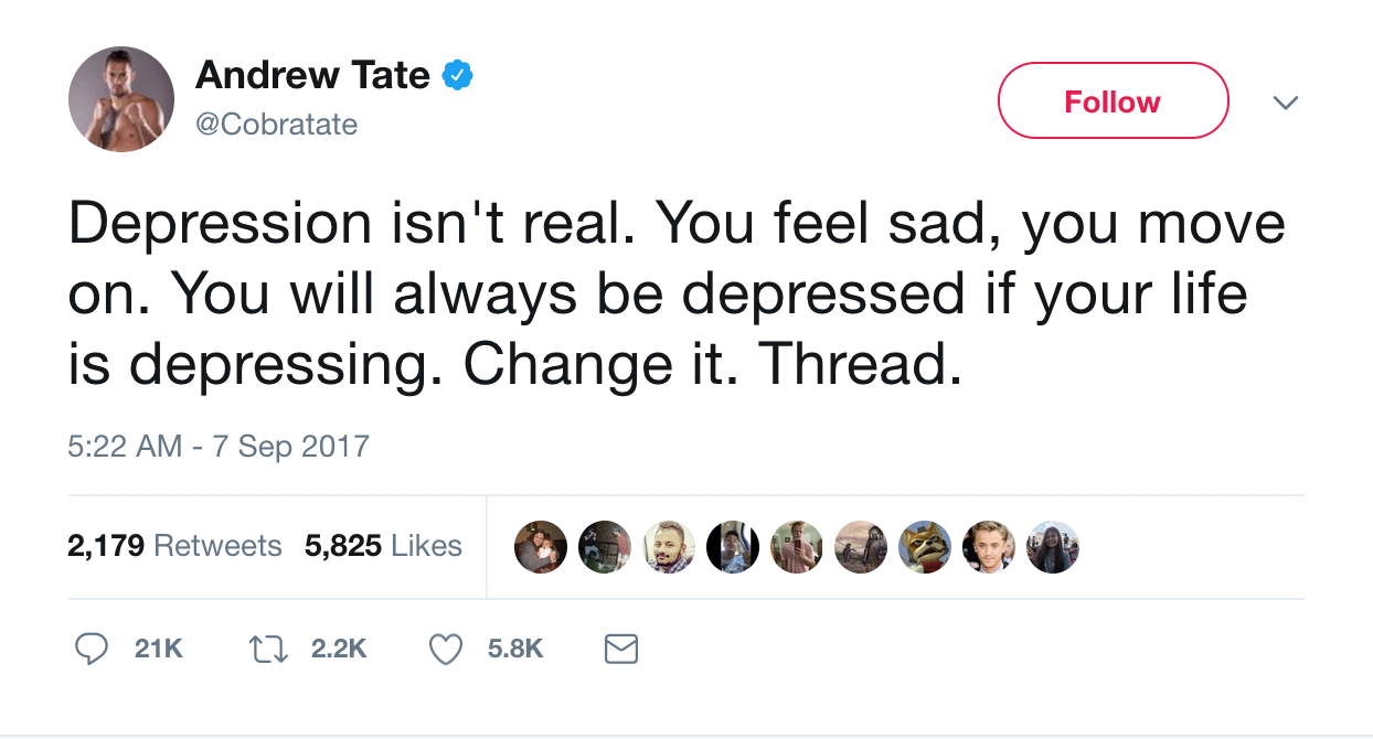Andrew Tate tweet on depression provokes heavy backlash